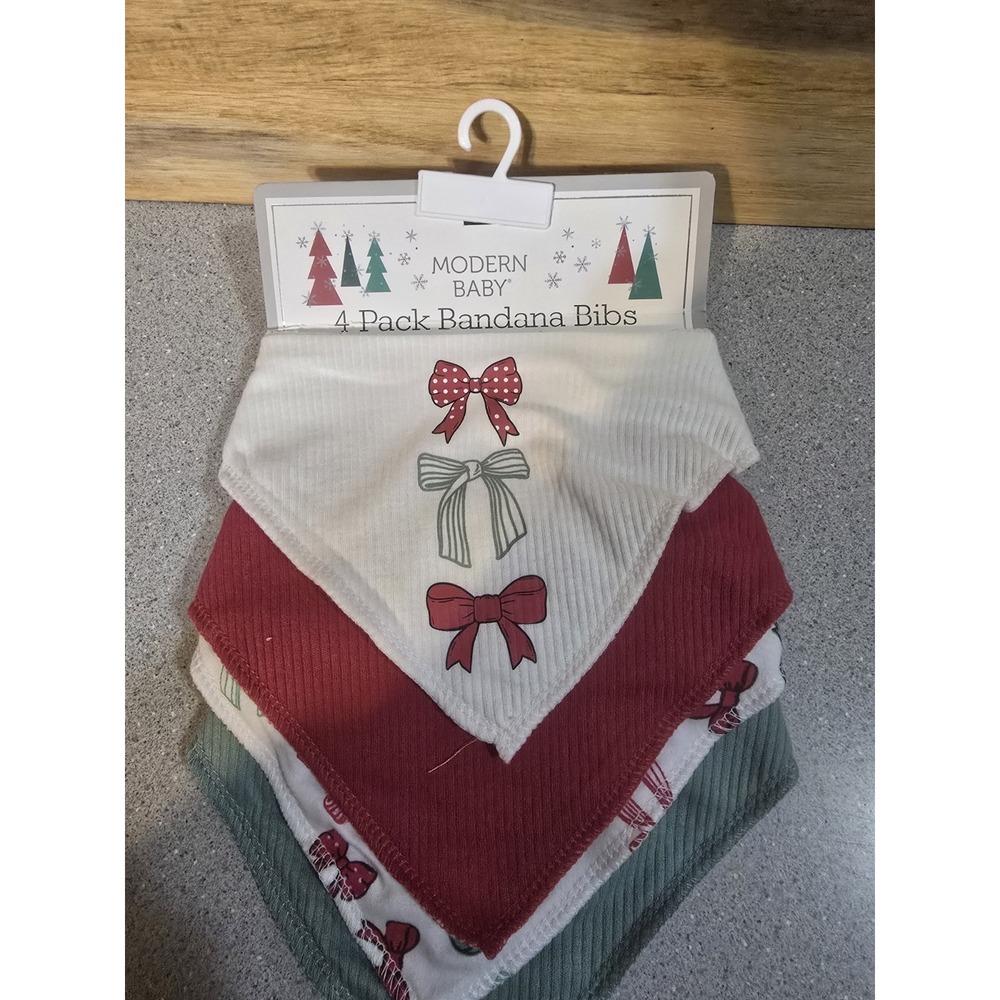 Modern Baby 4-Pack Bandana Bibs Baby Girl Bows Christmas Colors Adjustable 2-Ply